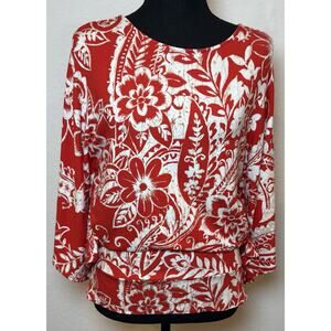 Chico’s Red and White Knit Top Back Cutout 3/4 Kimono Sleeves Size 0 (Small)